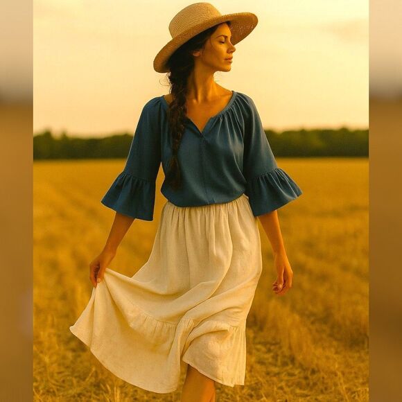Bit & Bridle 1X Blue Cotton Blouse Bell Sleeve V Neck Pullover Boho Prairie Top - Picture 1 of 8